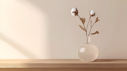 Minimalist still life of cotton stems in a vase on a wooden shelf against a neutral background.