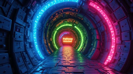 A vibrant, futuristic tunnel, lit by neon rings of color, showcasing the text "Pathway Unlocked.