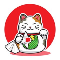 Cute smiling Japanese lucky cat called Maneki Neko holding carp Origami or Japanese paper folding fish represents abundance and prosperity background with red circle drawing in colorful cartoon vector