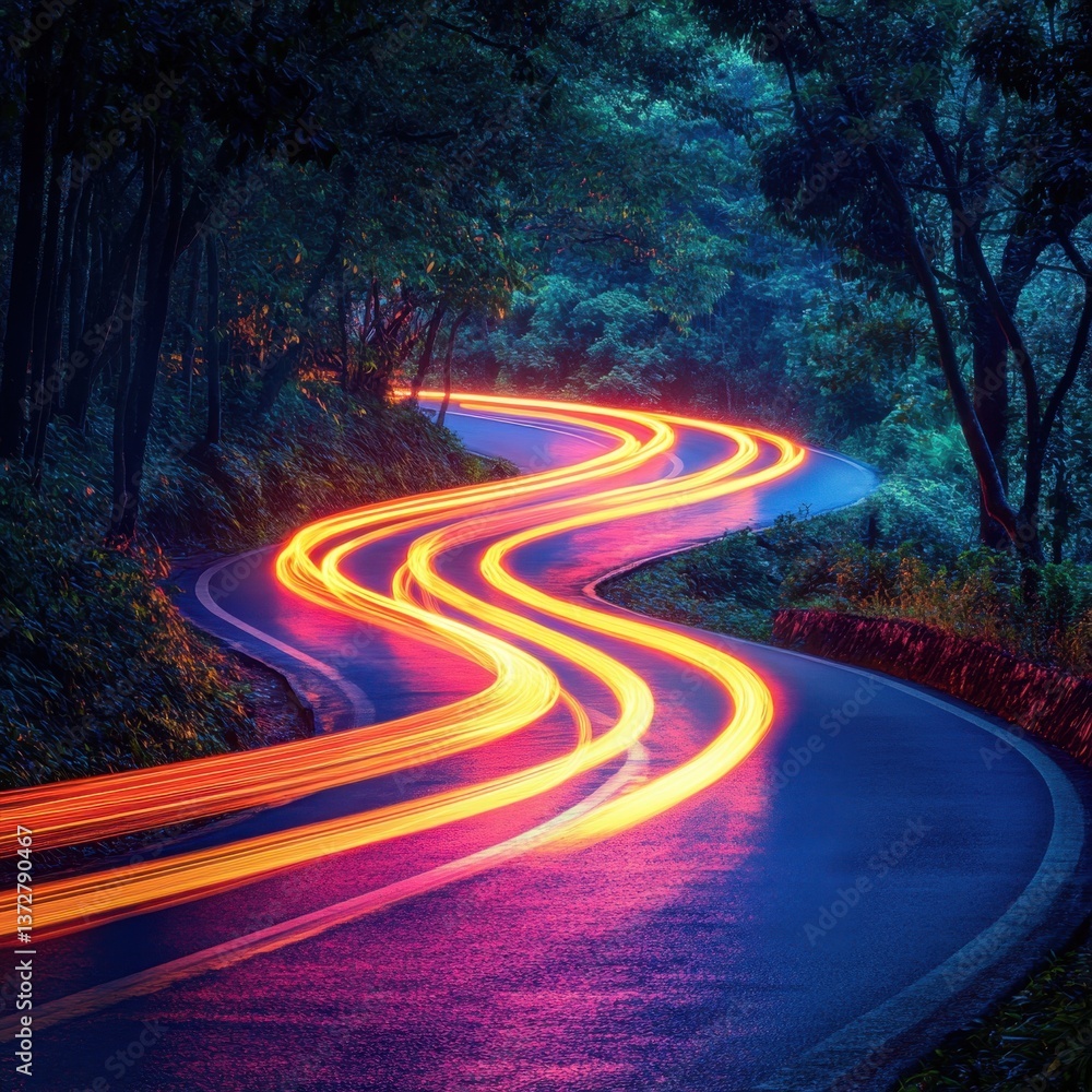 Poster serpentine road illuminated by vibrant light trails winding through a dense forest at night creating