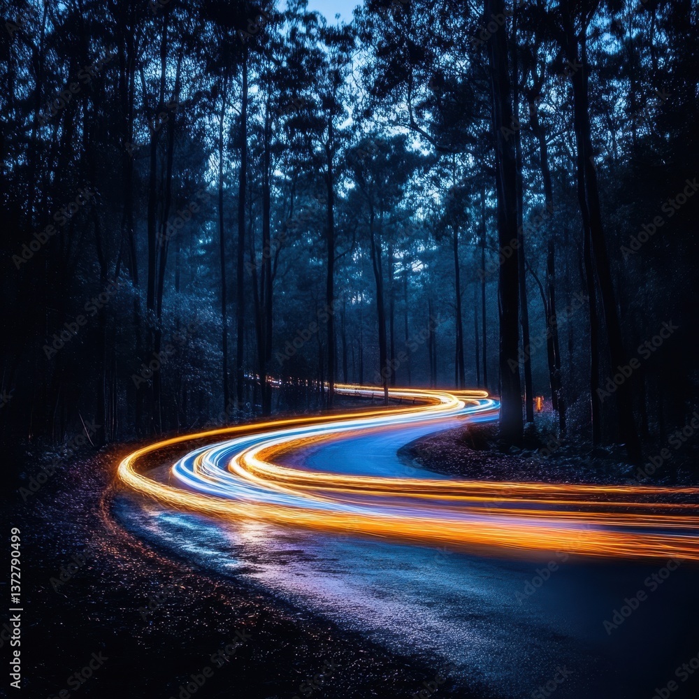 Poster captivating long exposure of car light trails weaving through a dark forest road at twilight hour cr