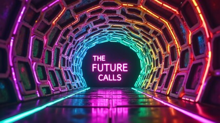 Neon lights paint a futuristic tunnel, promising exciting possibilities.