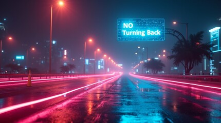 A city road, illuminated by vibrant neon lights, displaying a "No Turning Back" message.