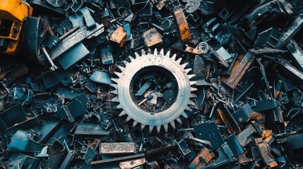 Fototapeta premium A workbench setup featuring an iron cutter surrounded by metal scraps, all on a black background.
