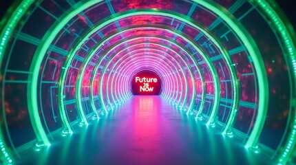 The "Future is Now" message is prominently displayed in a futuristic tunnel.