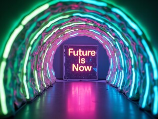 Neon-lit tunnel, vibrant colors, and the message "Future is Now.