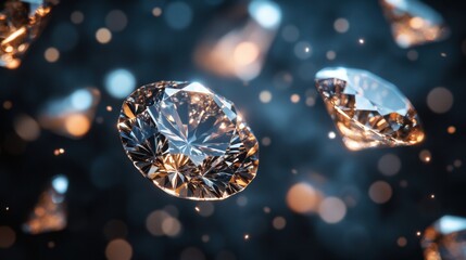 Fototapeta premium Sparkling diamonds floating in a dark space with bokeh lights creating a luxurious and elegant atmosphere perfect for jewelry promotion and high end design