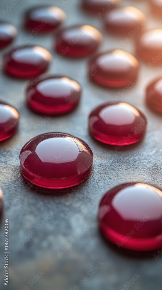 Poster elegant array of ruby red glass beads on textured gray surface with soft light and shallow depth of 