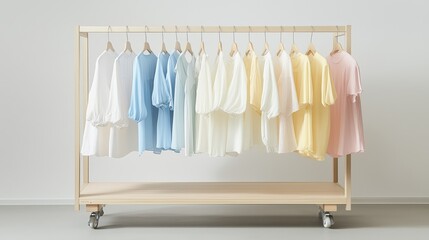 Fototapeta premium A minimalist clothing rack displaying pastel and neutral garments. 7