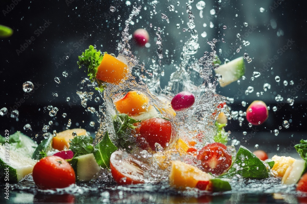 Aufkleber fresh vegetables and fruits create a vibrant splash with water droplets in an energetic culinary dis