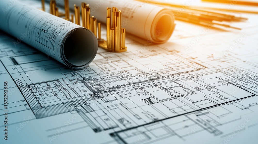 Poster architectural blueprint or technical drawing on a desk with various engineering tools and equipment 