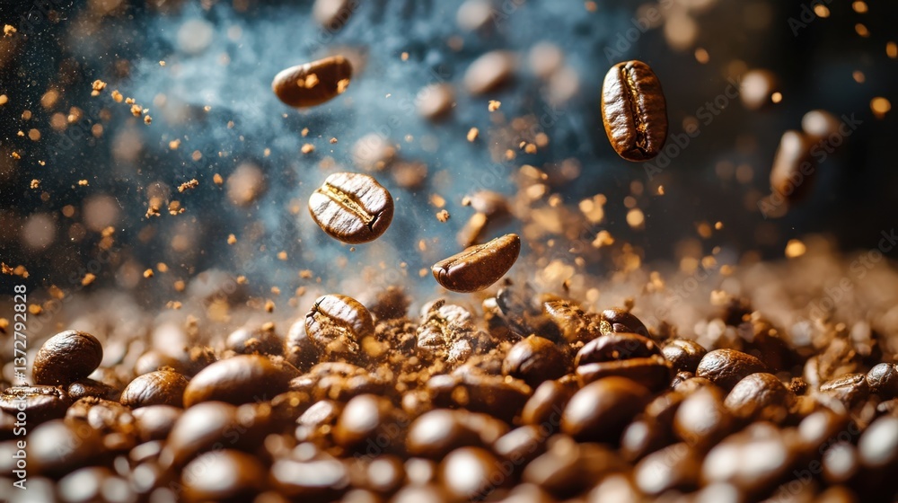 Poster coffee bean explosion with dark blue background and bokeh lights creating a warm and inviting atmosp