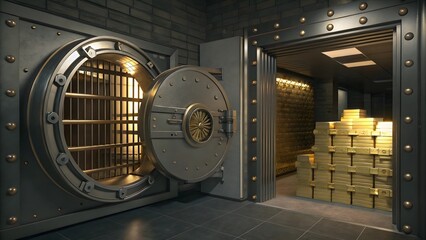 Intriguing bank vault opening with stacks of gold bars dark security room digital art suspenseful atmosphere cinematic perspective