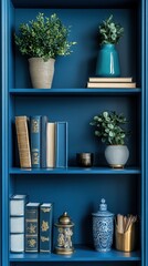 Elegant dark blue bookshelf showcasing vintage books decorative vases and ornamental jars in a modern interior design with a cozy and inviting atmosphere