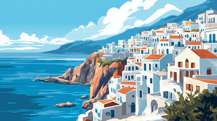 Obraz premium Illustration, beautiful image of anafi island, touristic advertisement poster. Greec island, cyclades. Beautiful summer holiday travel destination. Typical white houses, must-see tourist spot.