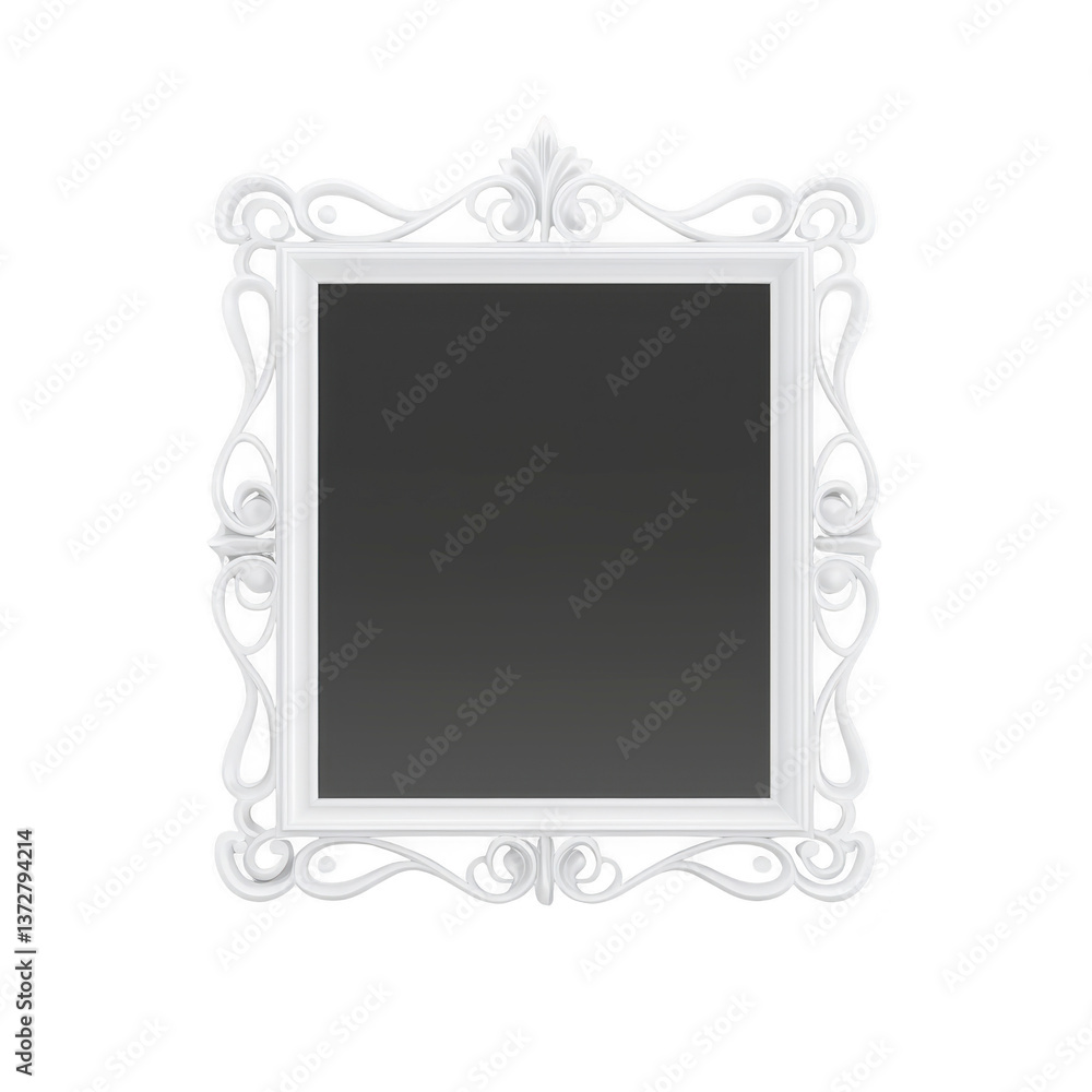 Poster a decorative white ornate mirror with intricate frame design, featuring elegant swirls and classic r