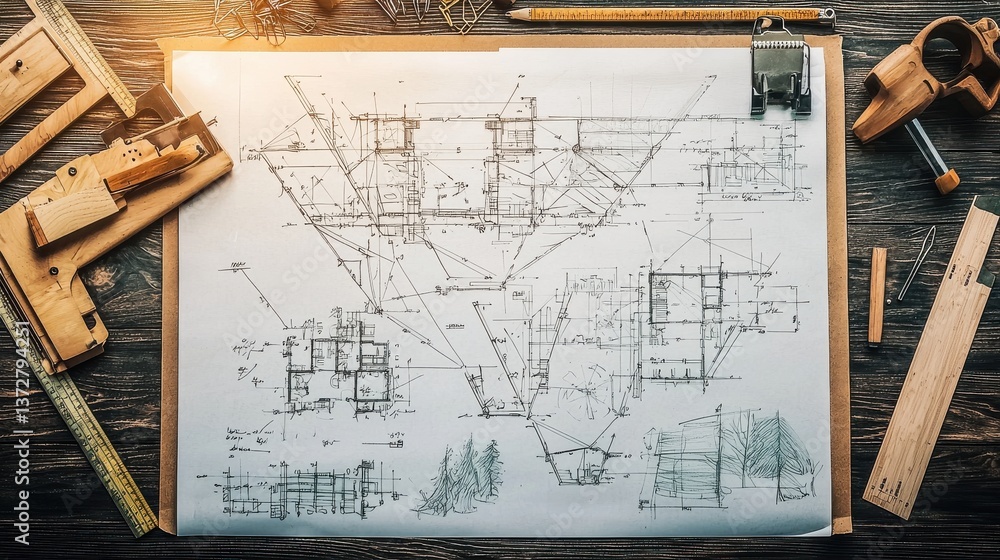 Aufkleber detailed architectural blueprint sketch with technical diagrams and engineering tools on a wooden de