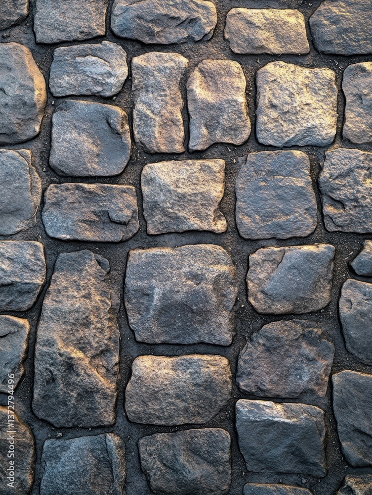 Poster cobblestone pavement pattern in gray stone texture with natural light and rough surface for architec
