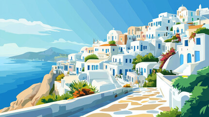 Fototapeta premium Illustration, beautiful image of anafi island, touristic advertisement poster. Greec island, cyclades. Beautiful summer holiday travel destination. Typical white houses, must-see tourist spot.