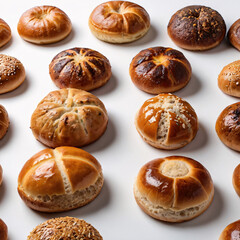set of freshly baked buns on a light background. background with buns for bakery. breakfast of freshly baked pastries