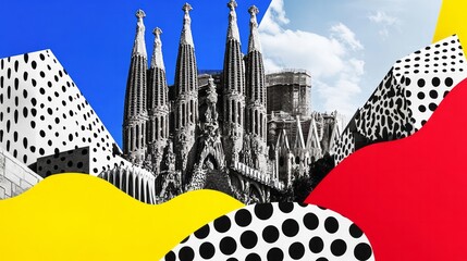 Sagrada Familia in Barcelona Spain showcased with colorful abstract elements