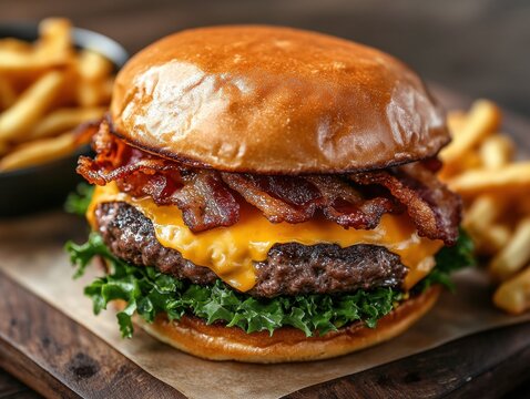 Appetizing close up of a gourmet burger with crispy bacon cheddar cheese and fresh lettuce served with french fries on a wooden board