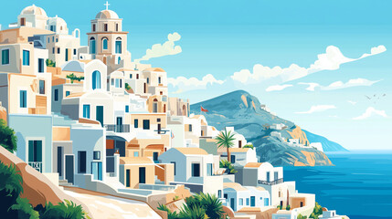 Fototapeta premium Illustration, beautiful image of anafi island, touristic advertisement poster. Greec island, cyclades. Beautiful summer holiday travel destination. Typical white houses, must-see tourist spot.