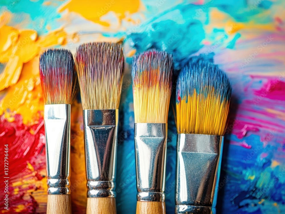 Poster artistic arrangement of paintbrushes on vibrant colorful background showcasing creative expression a