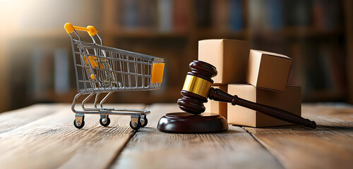 Judge gavel and shopping cart with boxes on wood table. Concept of consumer rights, responsibilities to safety, customer protection, commercial law in retail, e-commerce, online shopping.