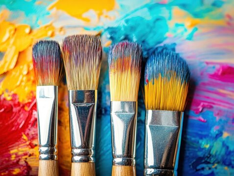 Artistic arrangement of paintbrushes on vibrant colorful background showcasing creative expression and artistic tools in a studio setting close up view