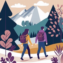 Fototapeta premium Illustration of young men and women traveling and hiking.