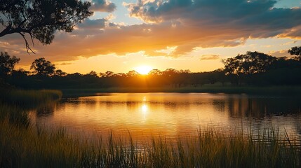 Obraz premium A tranquil wetland landscape at sunset
