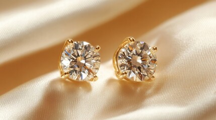 Fototapeta premium Minimalist gold earrings with diamonds placed on a smooth cream satin background.