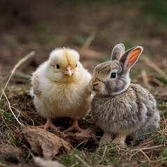 Fototapeta premium Easter background. Bunny and little yellow chick on a light background