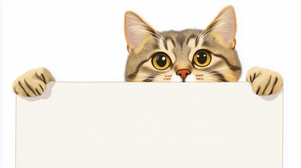 Naklejka premium Pretty cat looks from behind an empty sign isolated on white. Space to message