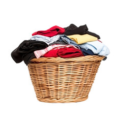 A wicker laundry basket overflowing with colorful clothes, including red, black, and yellow garments, conveys sense of domesticity and routine