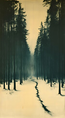 A snow-covered path winds through a dense forest of towering pine trees under a muted overcast sky