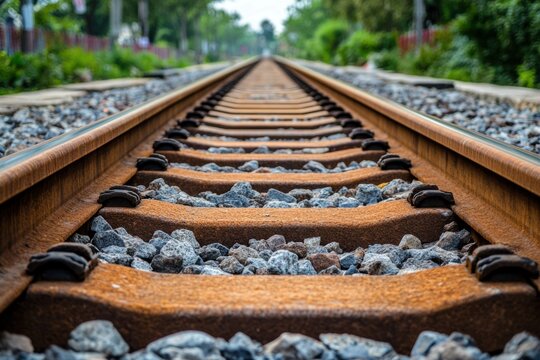 Perspective of railway tracks stretching into the distance with stones and green vegetation and trees on both sides