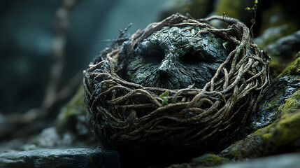 A mossy stone face rests inside a woven nest of vines