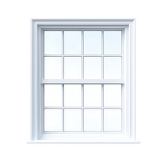 A white, classic window with multiple panes and clean, minimalist design, set against plain background. window features grid pattern, creating symmetrical and elegant appearance