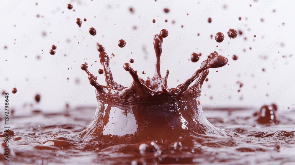 Poster dynamic chocolate splash creating a crown shape on a white background with droplets frozen in mid ai