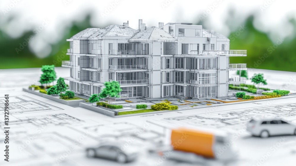 Poster detailed 3d architectural model rendering depicting a modern multi story apartment building complex 