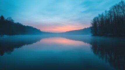Fototapeta premium Serene Sunset Reflection on a Misty Lake