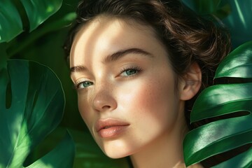 Beautiful natural woman with monstera leaves