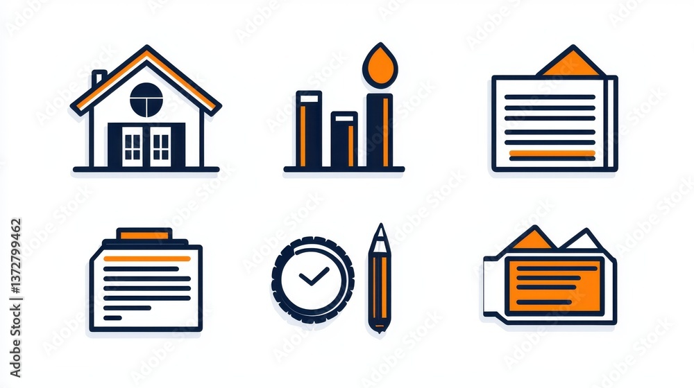 Poster residential house and business data analytics icons on minimalist background graphical representatio