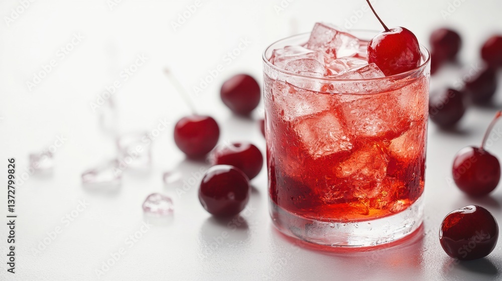 Aufkleber refreshing cherry cocktail with ice cubes on bright white background in a studio shot with a high an