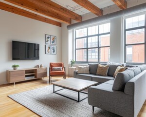 Spacious loftstyle living room with exposed steel beams, oversized furniture, and a touch of urban elegance