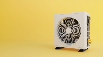 White air conditioning compressor unit placed on a light pastel yellow backdrop.