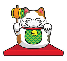 cute smiling Japanese lucky cat called Maneki Neko on red cushion one hand holding hammer represents wealth or rich and wearing filter mask drawing in colorful cartoon vector