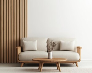 Minimalist Zeninspired living room with a focus on negative space, wooden textures, and soft natural lighting